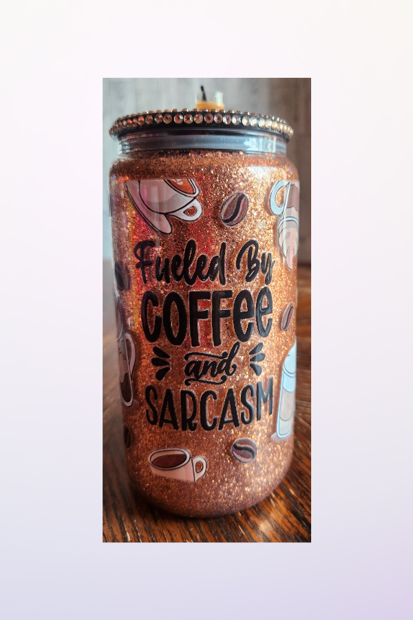 Glass Can Tumbler with Bling Lid Coffee & Sarcasm