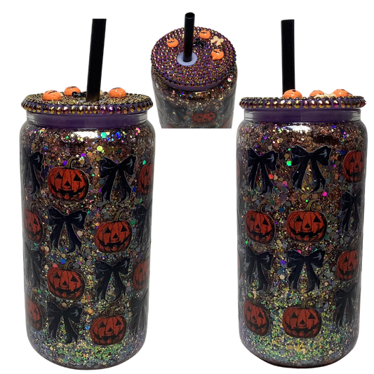 Pumpkin & Bows Glass Can Tumbler with bling lid