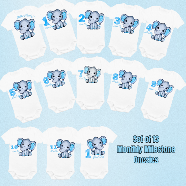 Milestone Baby Blue Elephant Onesies