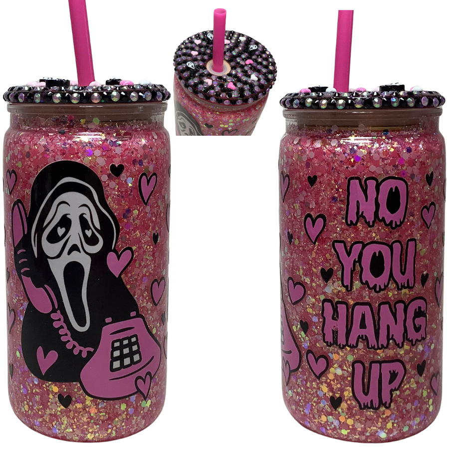 Halloween You Hang Up Glass Can Snow Globe Tumbler with Bling lid