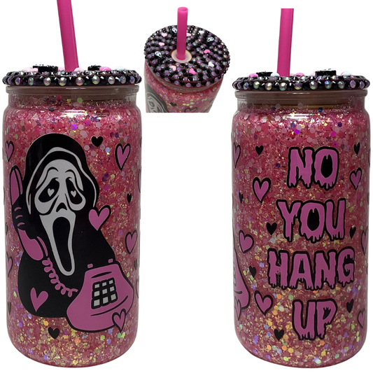 Halloween You Hang Up Glass Can Snow Globe Tumbler with Bling lid