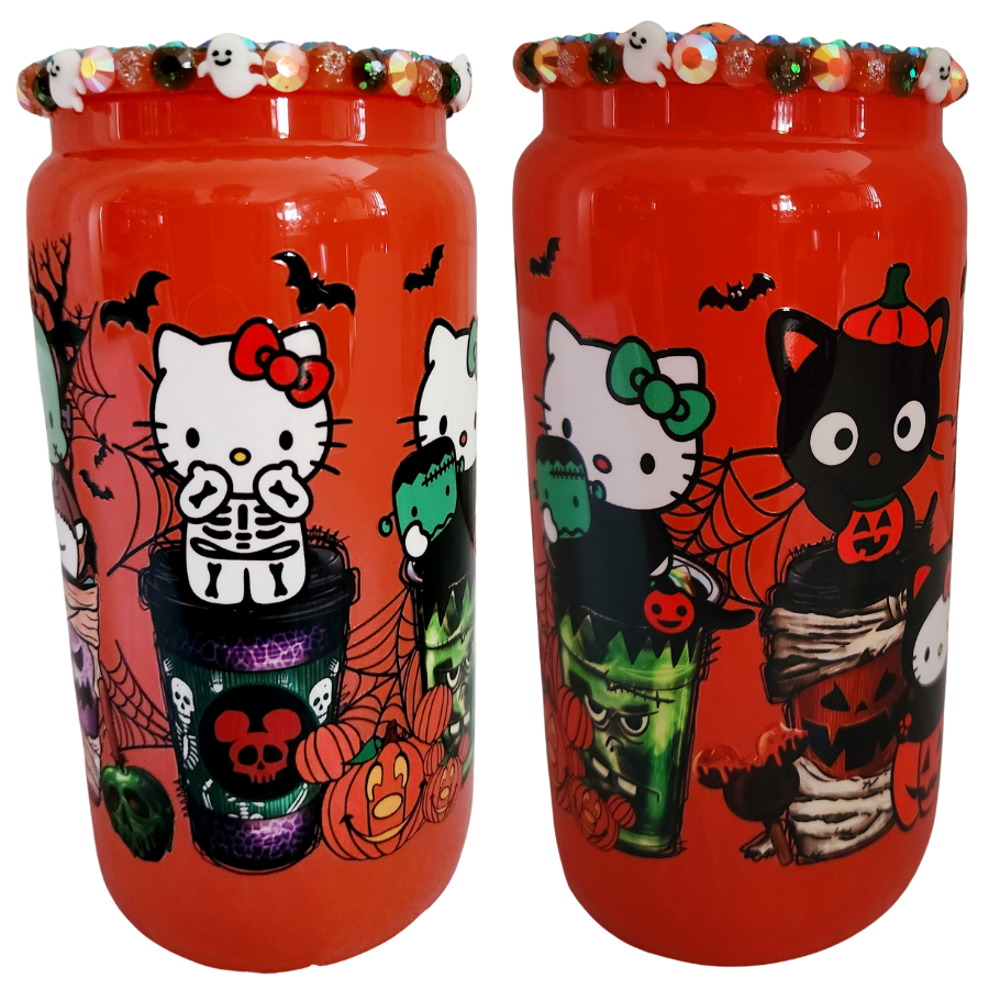 Glass Can Tumbler- Halloween Kitty with Bling Lid