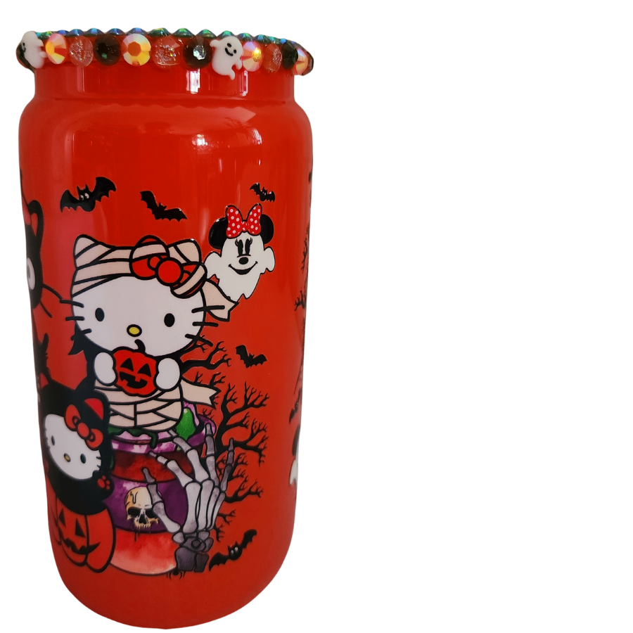 Glass Can Tumbler- Halloween Kitty with Bling Lid