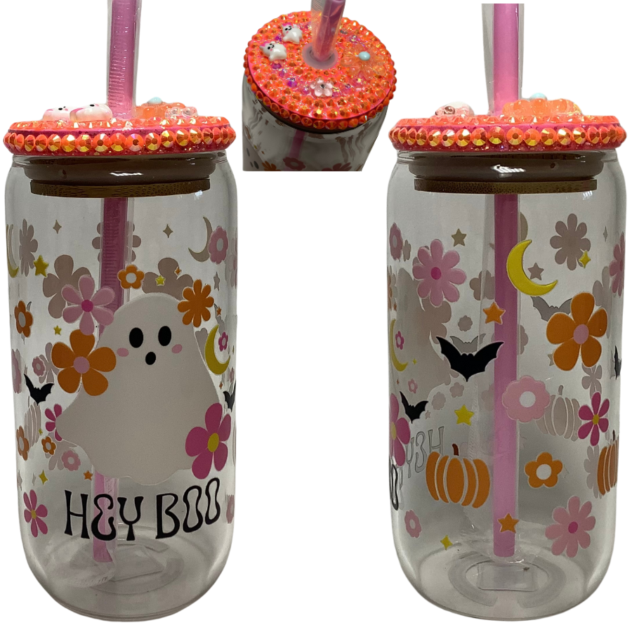 Glass Can Tumbler with Bling Lid- Halloween Ghost "Hey Boo"