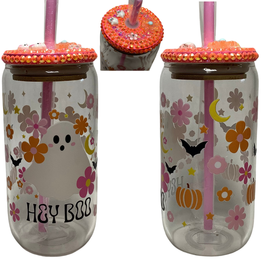 Pretty Ghost Glass Can Tumbler with Bling lid