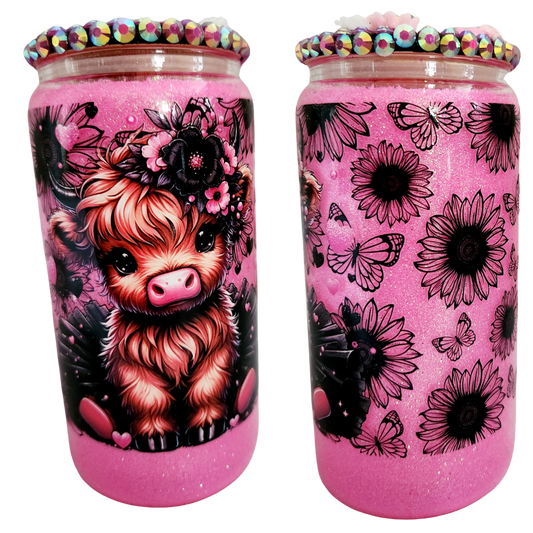 Glass Can Tumbler with Bling lid- Pink Baby Cow