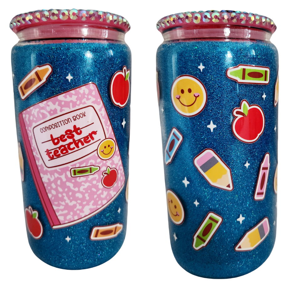 Glass Can Tumbler with Bling Lid- Best Teacher