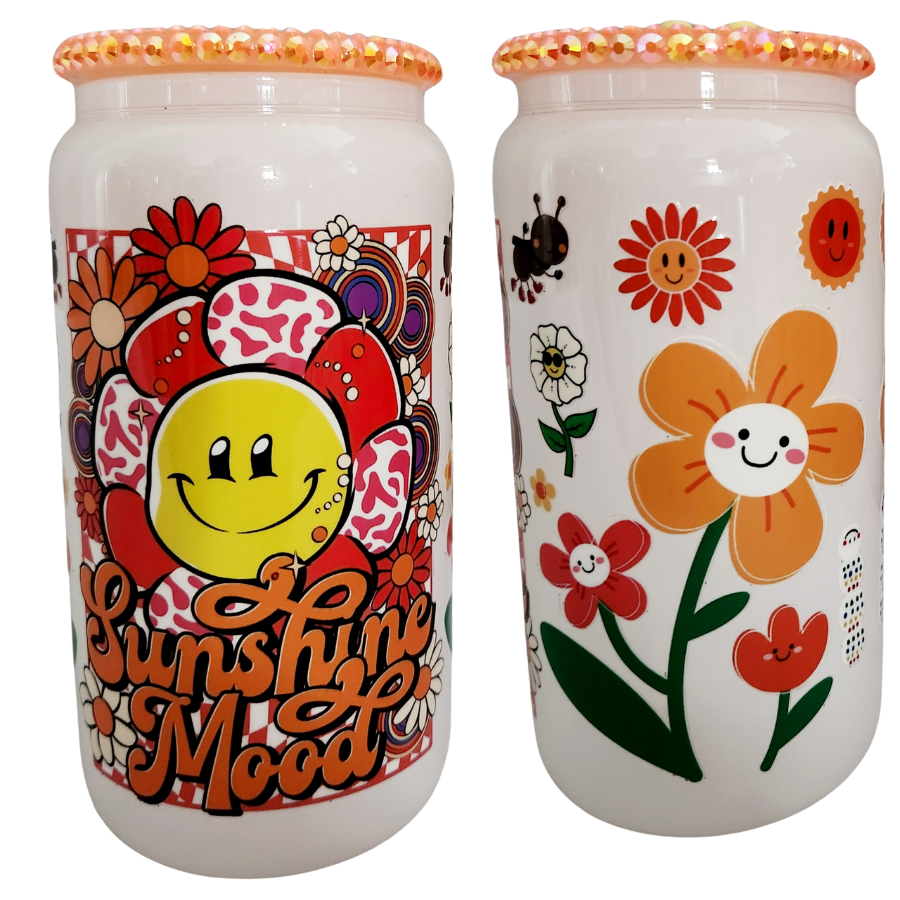 Glass Can Tumbler with Sparkle Lid- Sunshine Mood