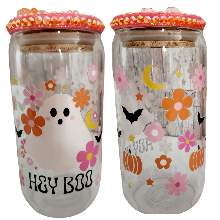 Glass Can Tumbler with Bling Lid- Halloween Ghost "Hey Boo"