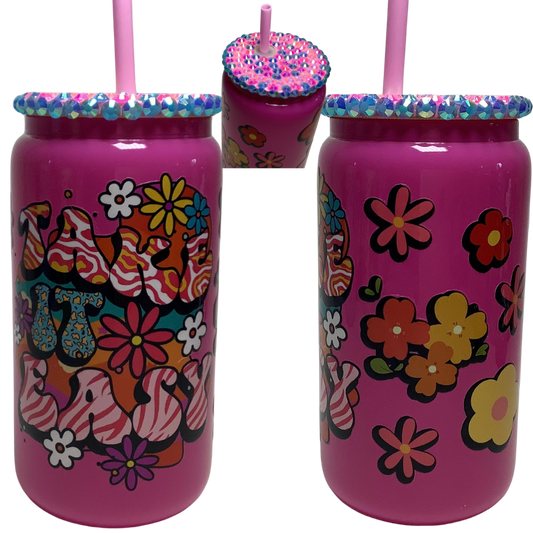 Take it Easy Glass Can Tumbler with Bling Lid