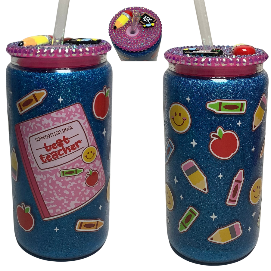 Glass Can Tumbler with Bling Lid- Best Teacher