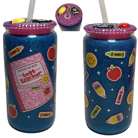 Glass Can Tumbler with Bling Lid- Best Teacher