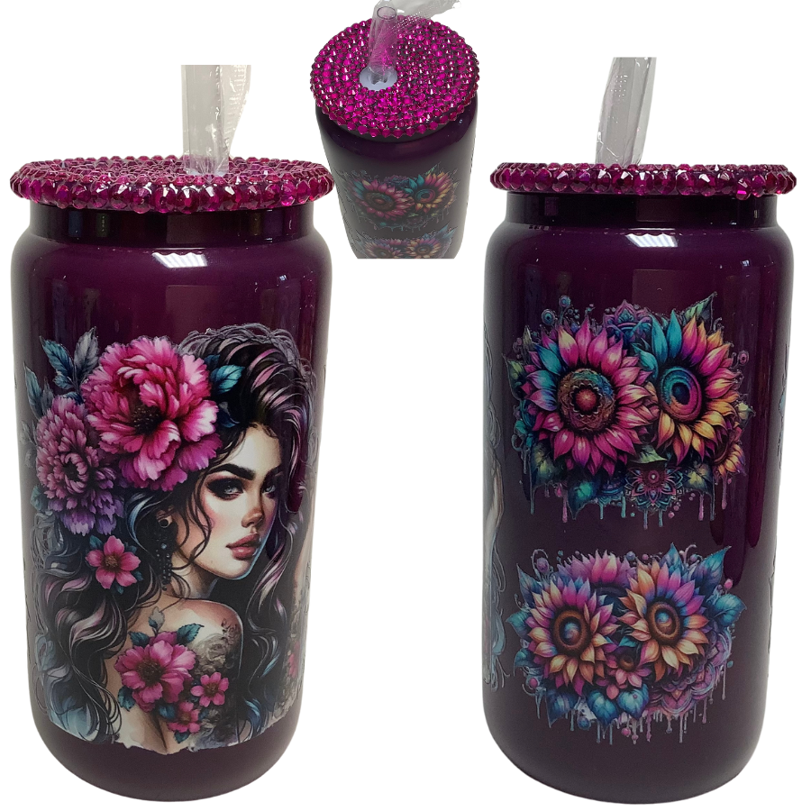 Flower Women Glass Can Tumbler with Bling Lid