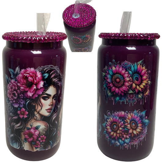 Flower Women Glass Can Tumbler with Bling Lid