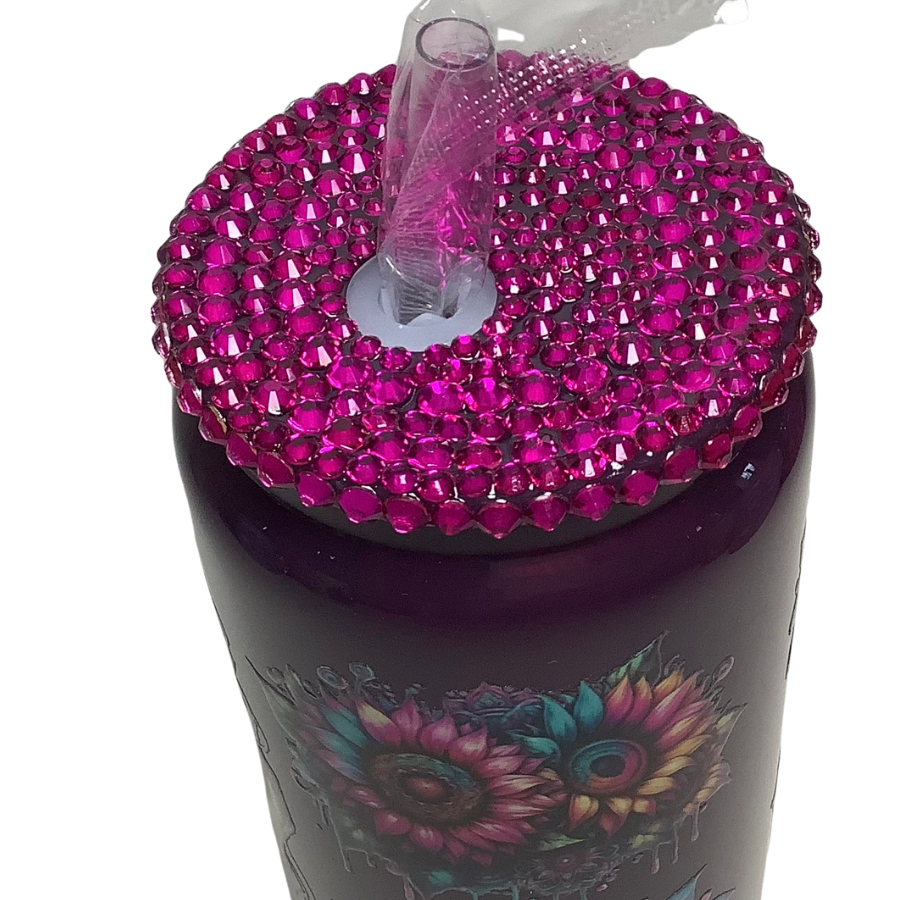 Flower Women Glass Can Tumbler with Bling Lid