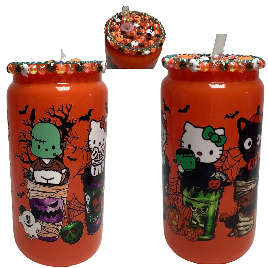 Glass Can Tumbler- Halloween Kitty with Bling Lid