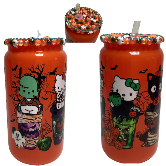 Glass Can Tumbler- Halloween Kitty with Bling Lid