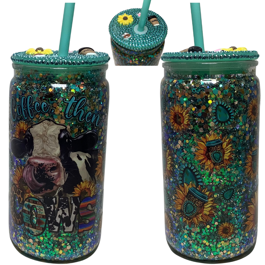 Coffee Cow Glass Can Tumbler with Bling lid