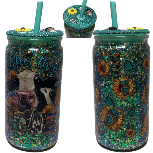 Coffee Cow Glass Can Tumbler with Bling lid